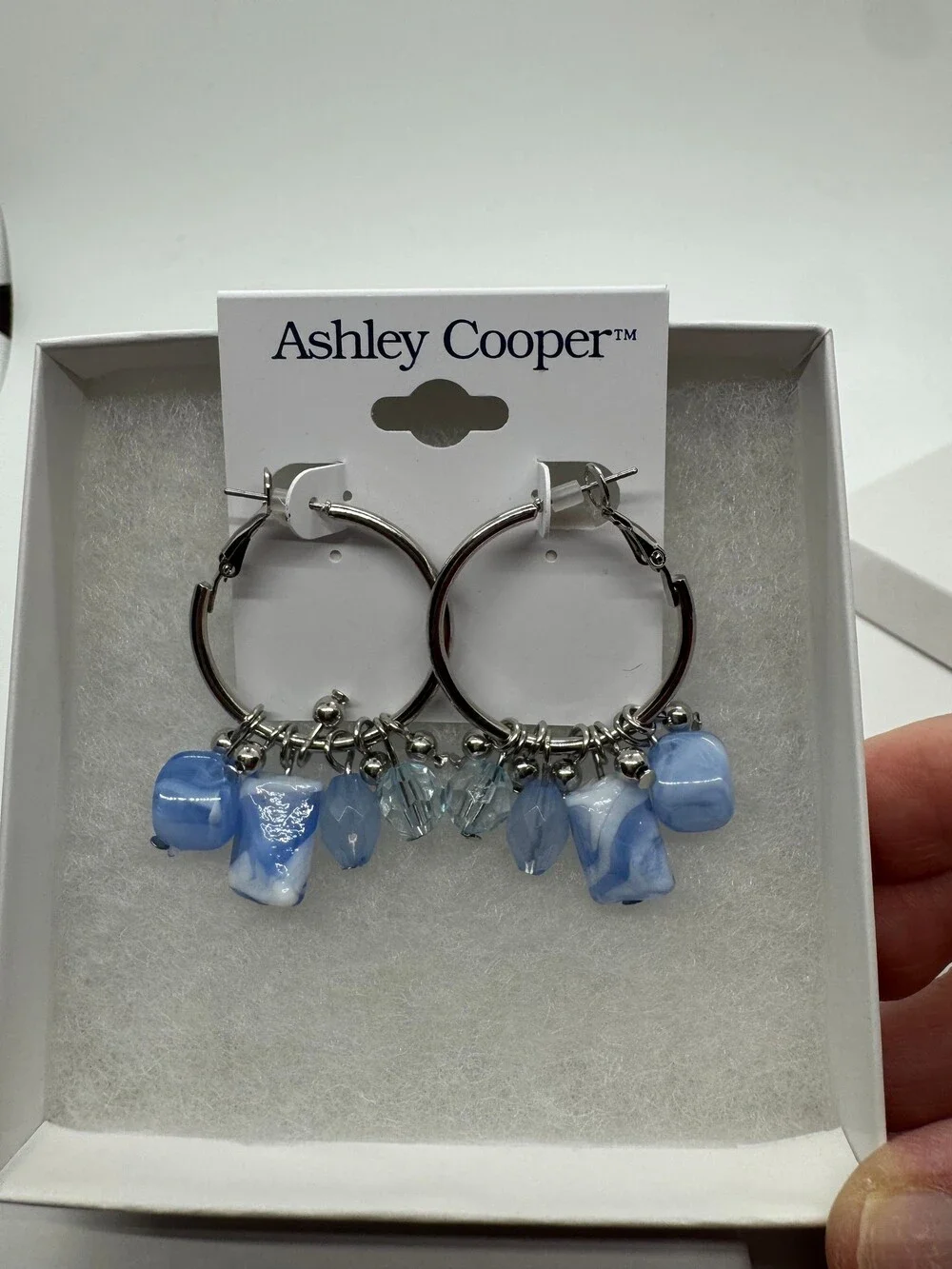 Ashley Cooper Silver Tone Hoop Earrings Blue Bead Dangle New
